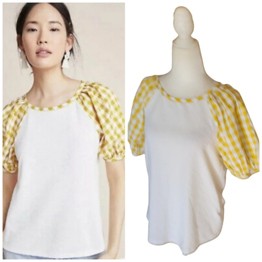 Anthro Sunday in Brooklyn | White Yellow Gingham Puff Sleeve Top Med